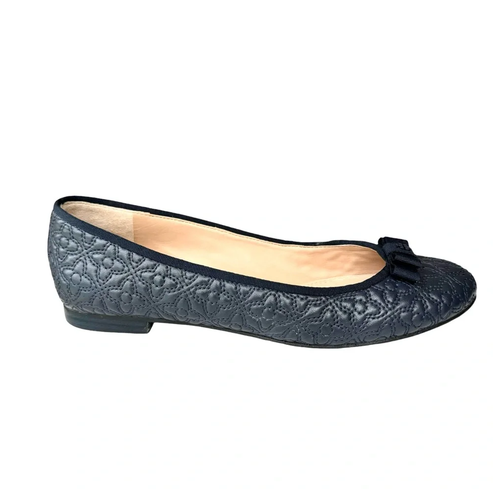 Tory Burch Marion Quilted Navy Blue Flats Leather Bow Detail